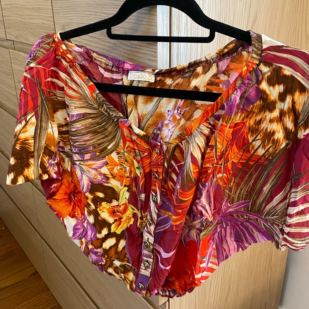 Studio F Vibrant Floral Women's Blouse - Red, Orange, Purple